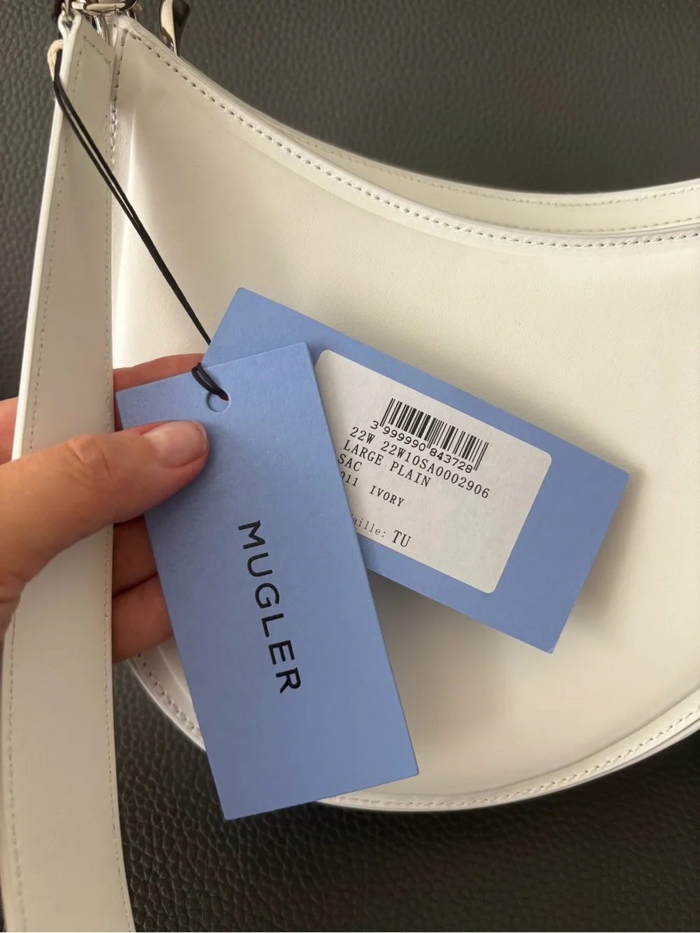 Mugler White Crescent Shoulder Bag with Textured Logo